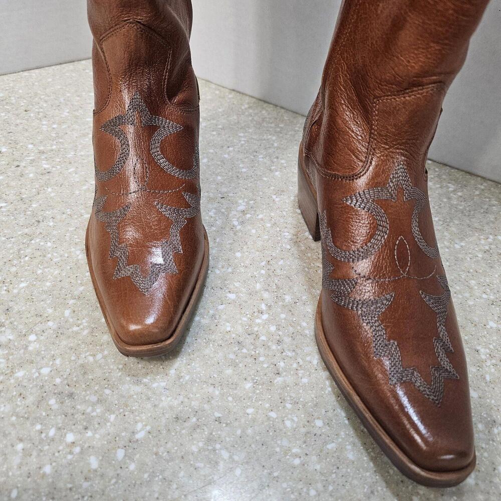 Donald Pliner Marina SP Leather Cowboy Western Boots Cognac Women's Size 7 NIB - Picture 2 of 13